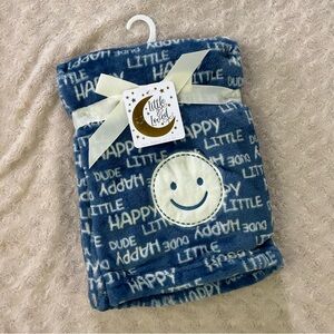 Little & Loved Happy Little Dude Smiley Face Baby Blanket Blue White NEW